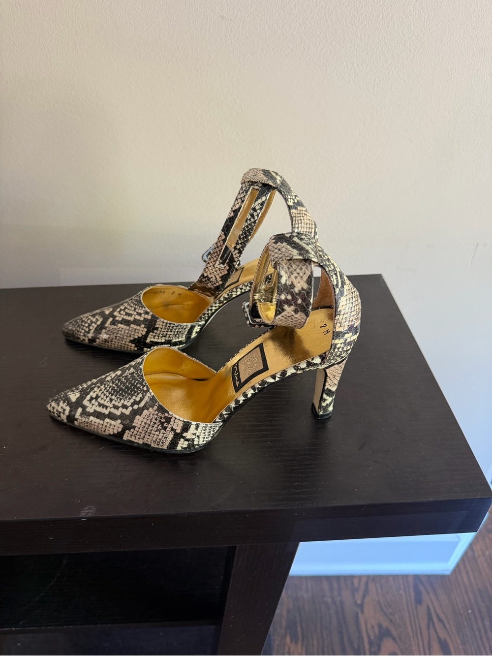 Nina Snake-Print Pointed Toe Ankle Strap Heels